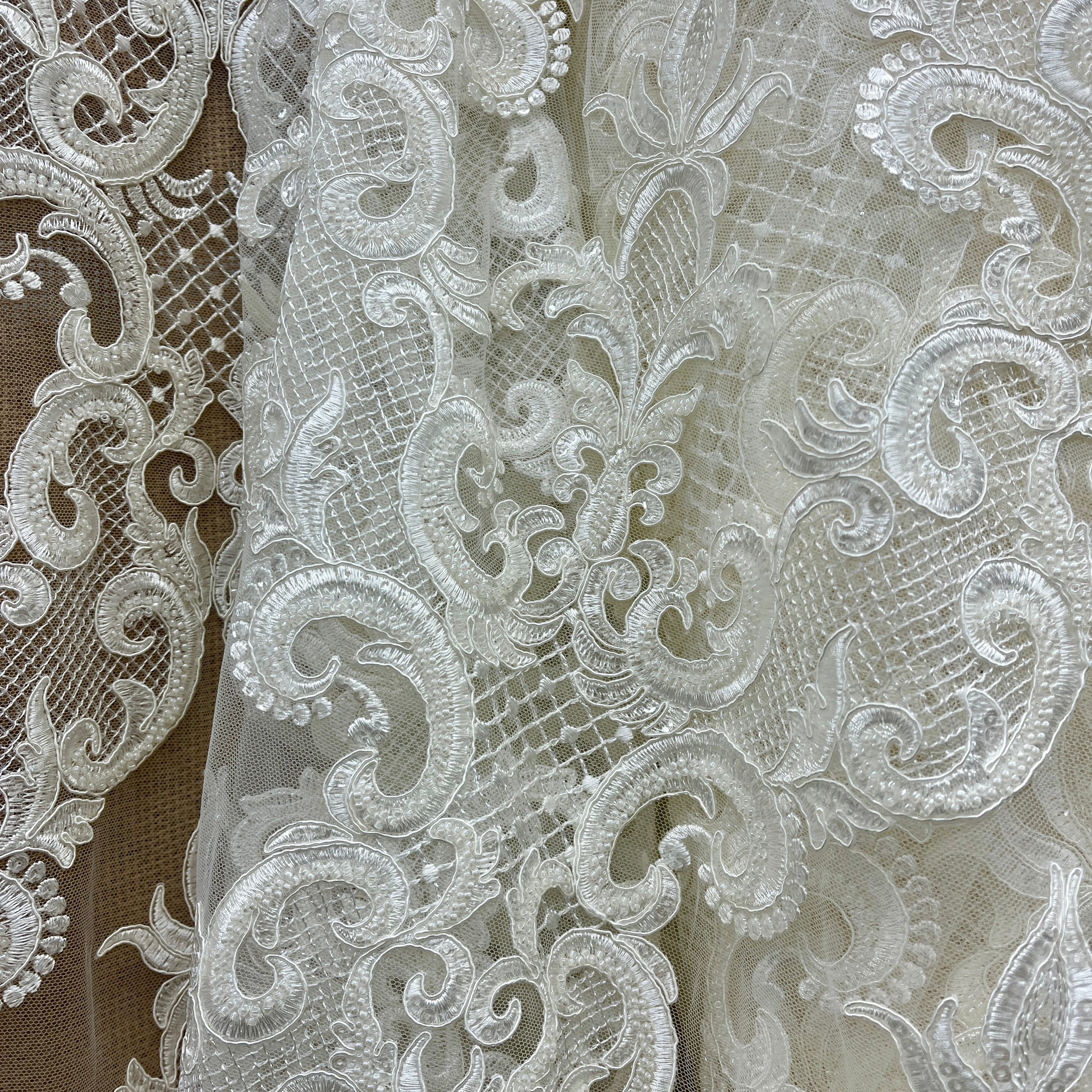 Beaded & Corded Bridal Lace Fabric Embroidered on 100% Polyester Net Mesh | Lace USA - GD-55924-4