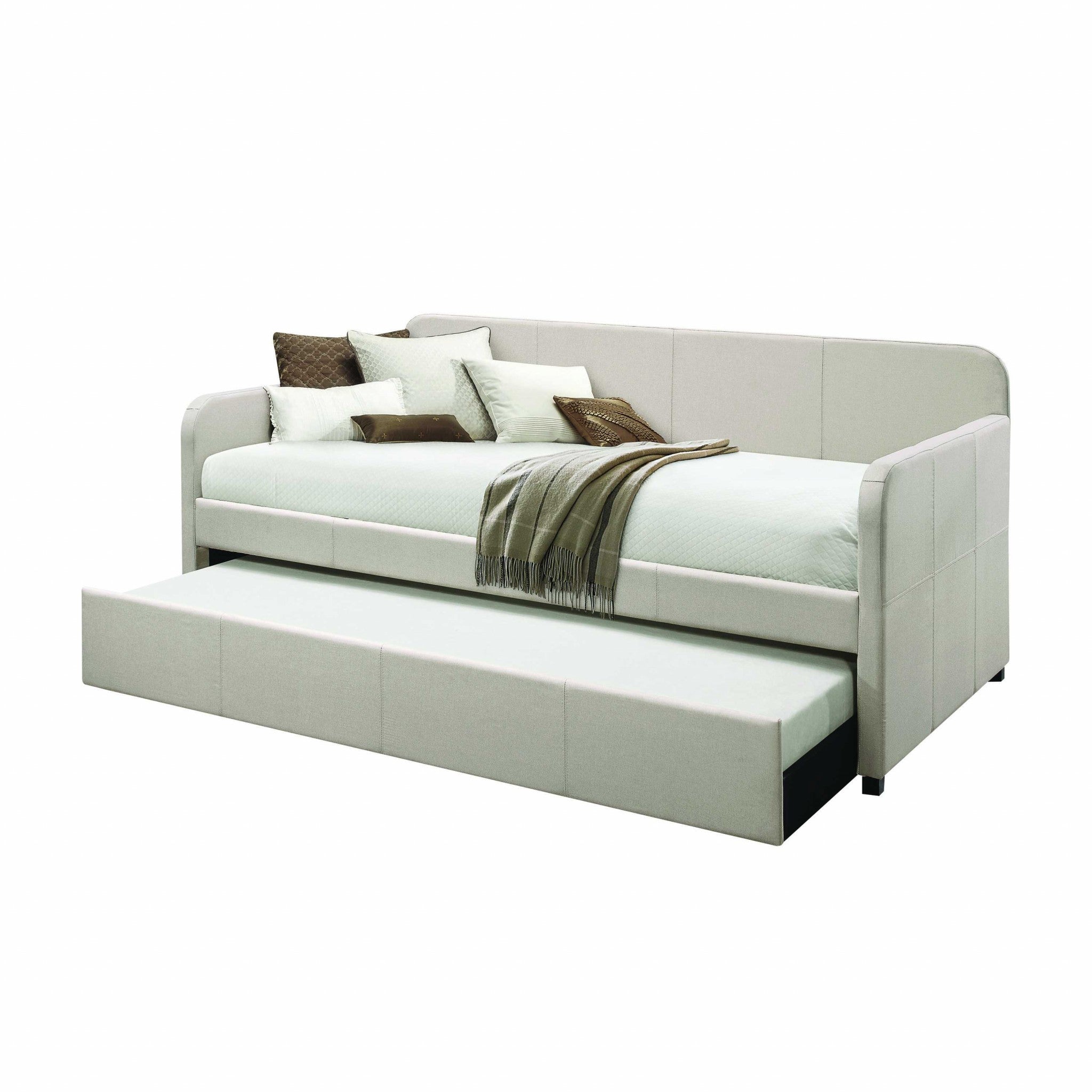 White and Light Gray Wood And Linen Twin Bed Frame-1