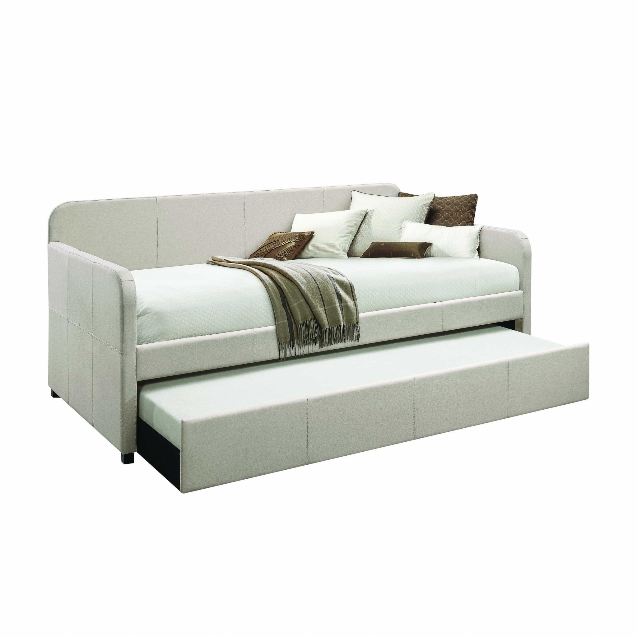 White and Light Gray Wood And Linen Twin Bed Frame-2