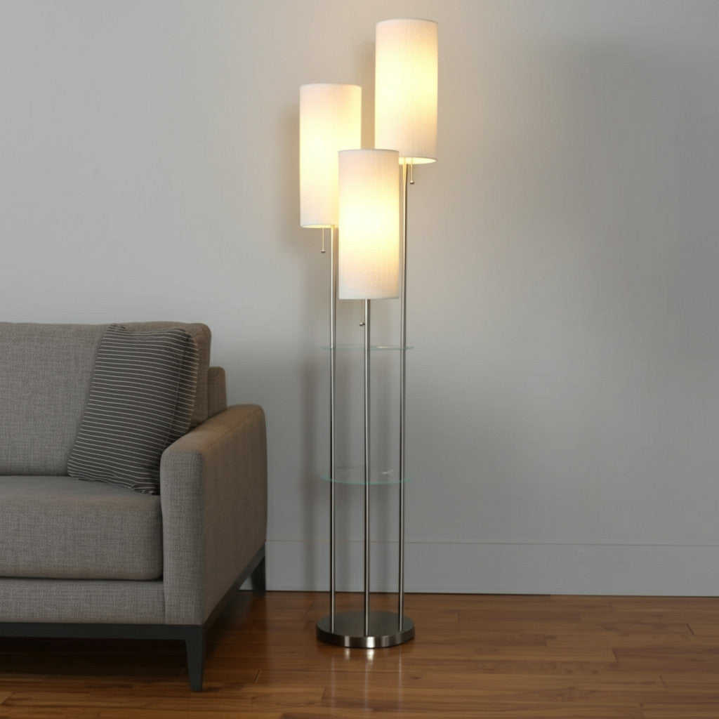 68" Silver Three Light Novelty Floor Lamp With White Linen Cylinder Shade-0