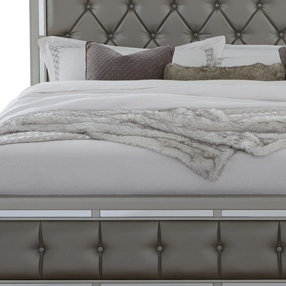 Silver Wood And Tufted Linen Queen Bed Frame With Nailhead Trim-3