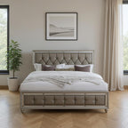 Silver Wood And Tufted Linen Queen Bed Frame With Nailhead Trim-0