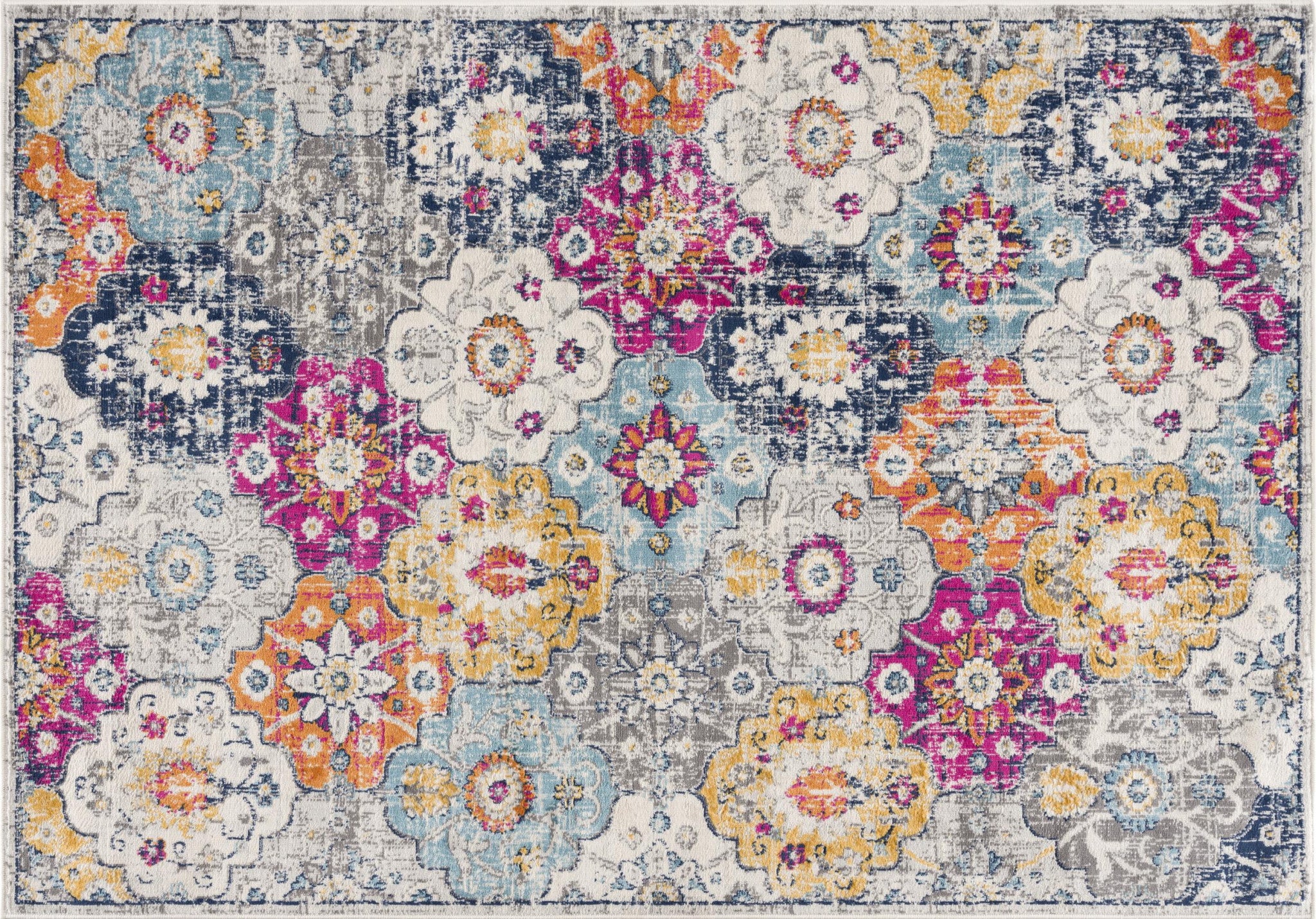 5' X 7' Blue and Ivory Floral Area Rug