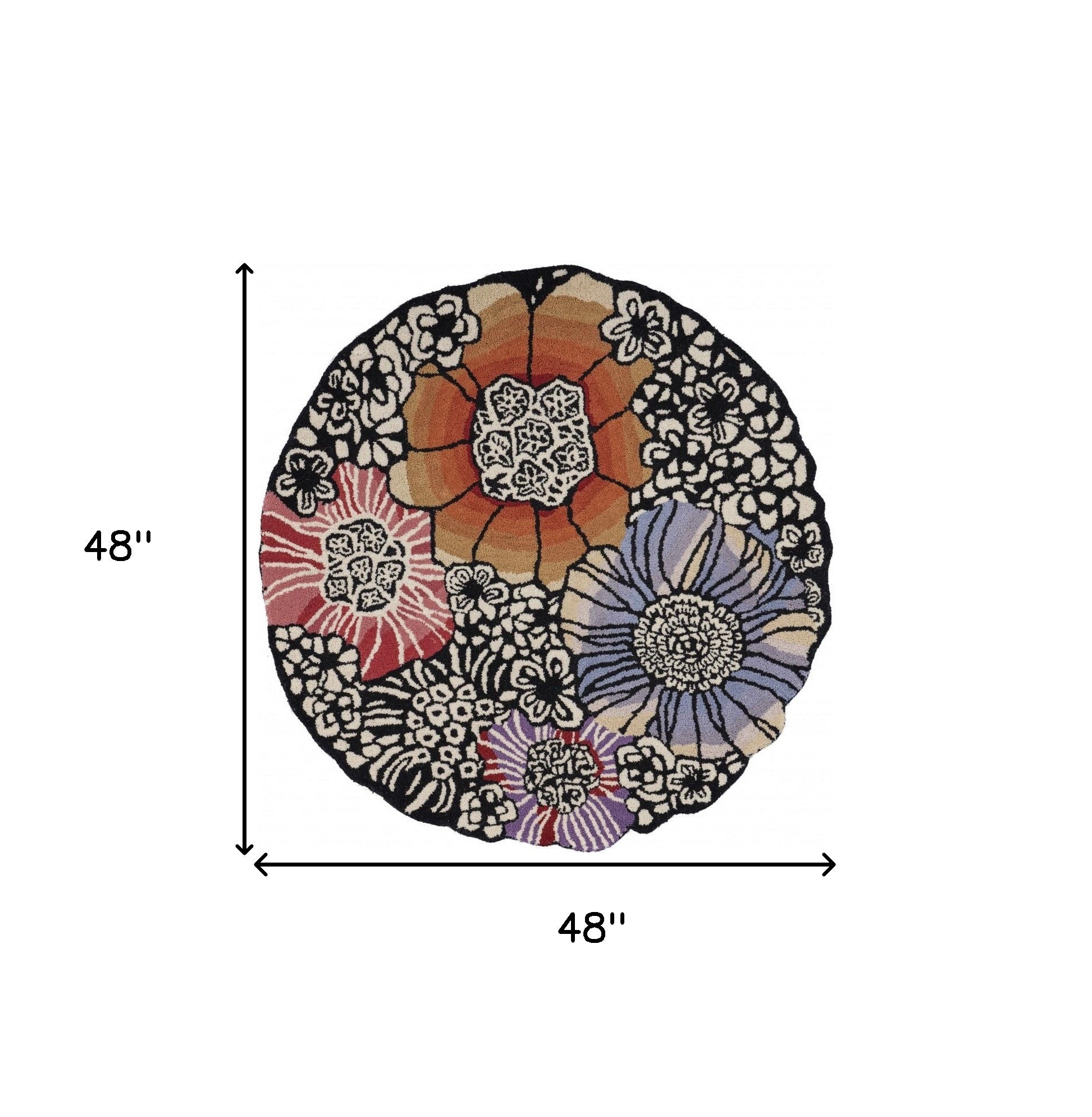 4' Round Red and Black Floral Area Rug