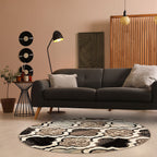 5' Ivory Brown And Black Quatrefoil Distressed Round Rug