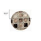 5' Ivory Brown And Black Quatrefoil Distressed Round Rug