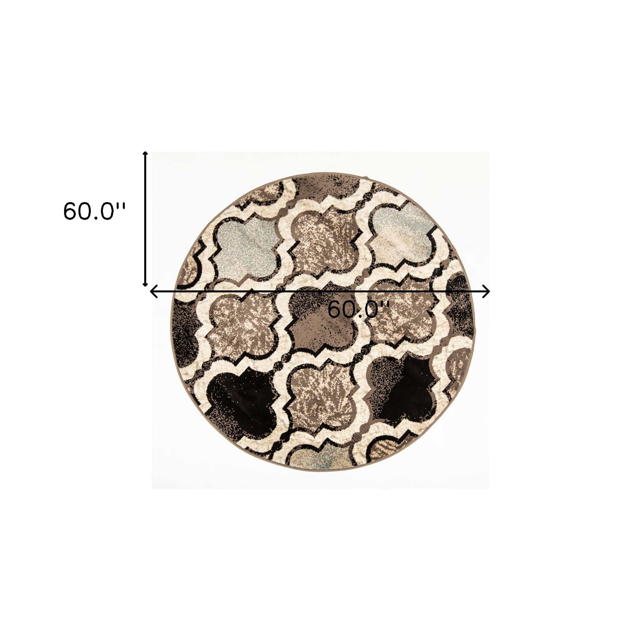5' Ivory Brown And Black Quatrefoil Distressed Round Rug