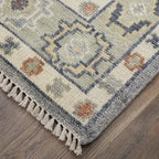 12' Gray Blue and Taupe Wool Geometric Hand Knotted Runner Rug With Fringe