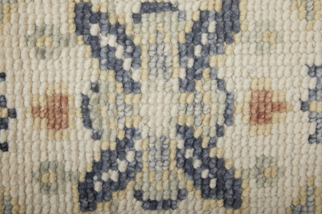 12' Gray Blue and Taupe Wool Geometric Hand Knotted Runner Rug With Fringe