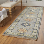 12' Gray Blue and Taupe Wool Geometric Hand Knotted Runner Rug With Fringe