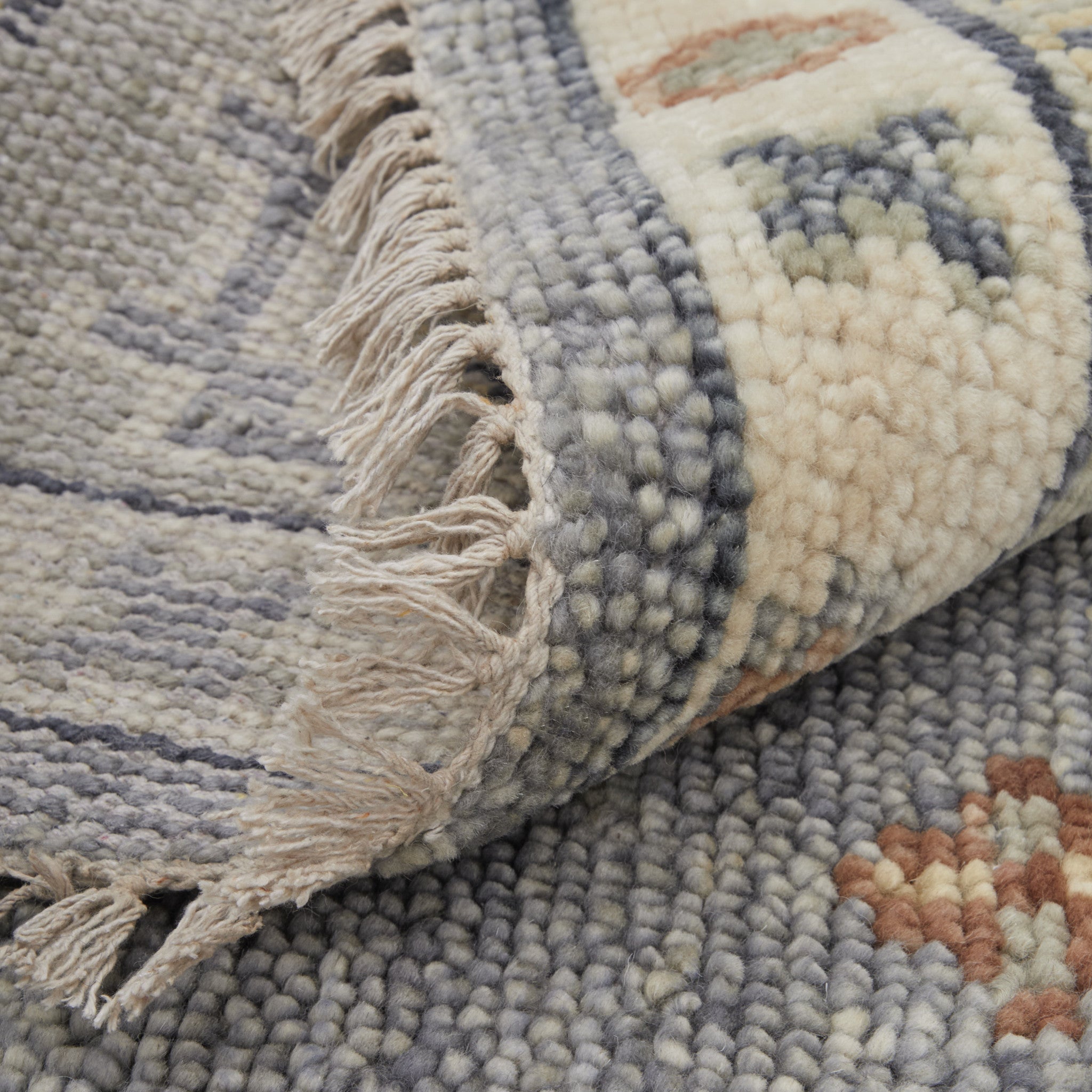 12' Gray Blue and Taupe Wool Geometric Hand Knotted Runner Rug With Fringe