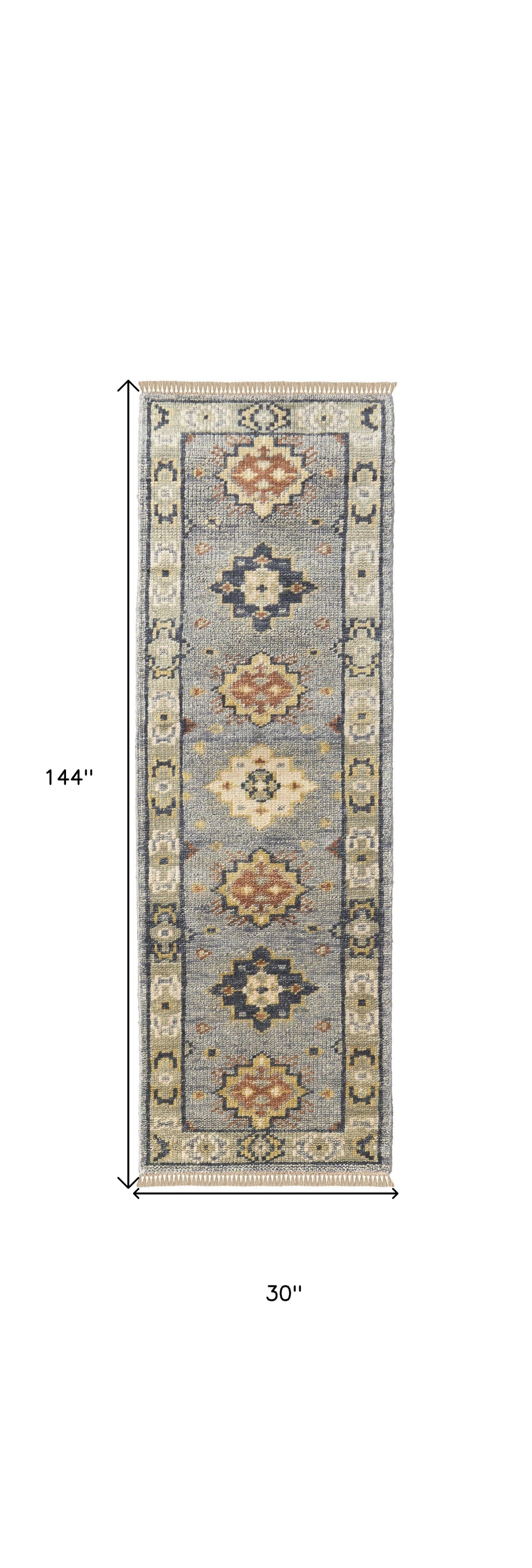 12' Gray Blue and Taupe Wool Geometric Hand Knotted Runner Rug With Fringe