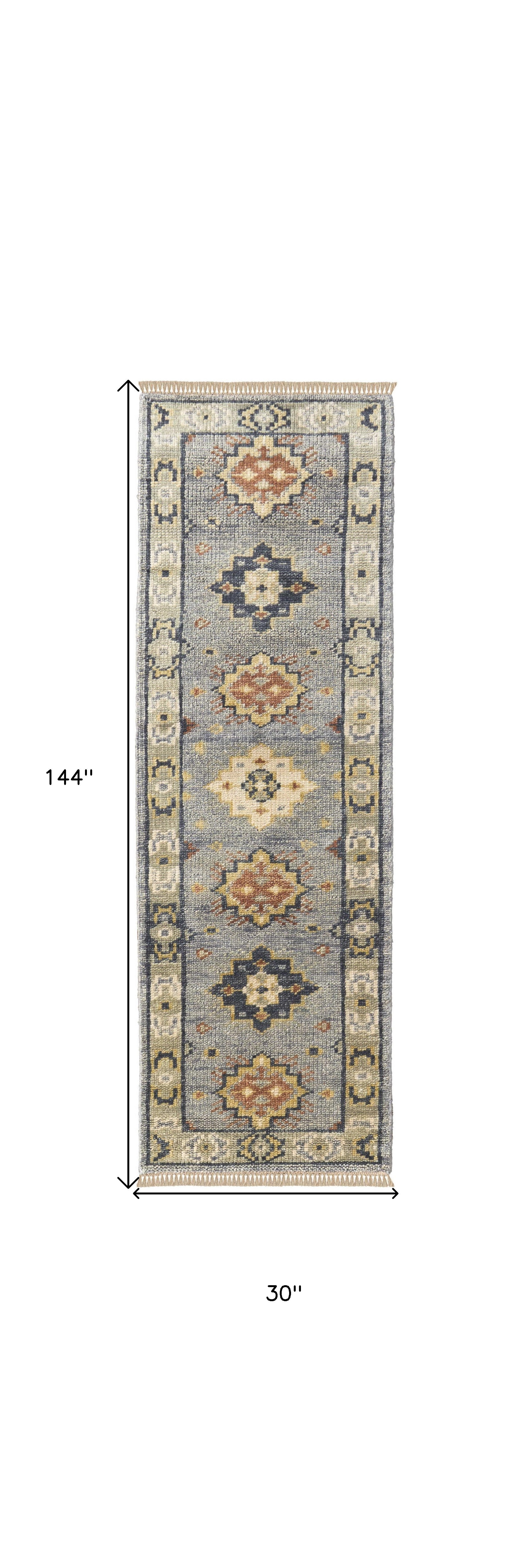12' Gray Blue and Taupe Wool Geometric Hand Knotted Runner Rug With Fringe