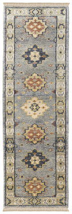 12' Gray Blue and Taupe Wool Geometric Hand Knotted Runner Rug With Fringe