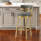 26" Gray and Gold Faux Leather and Stainless Steel Low Back Counter Height Swivel Bar Chair