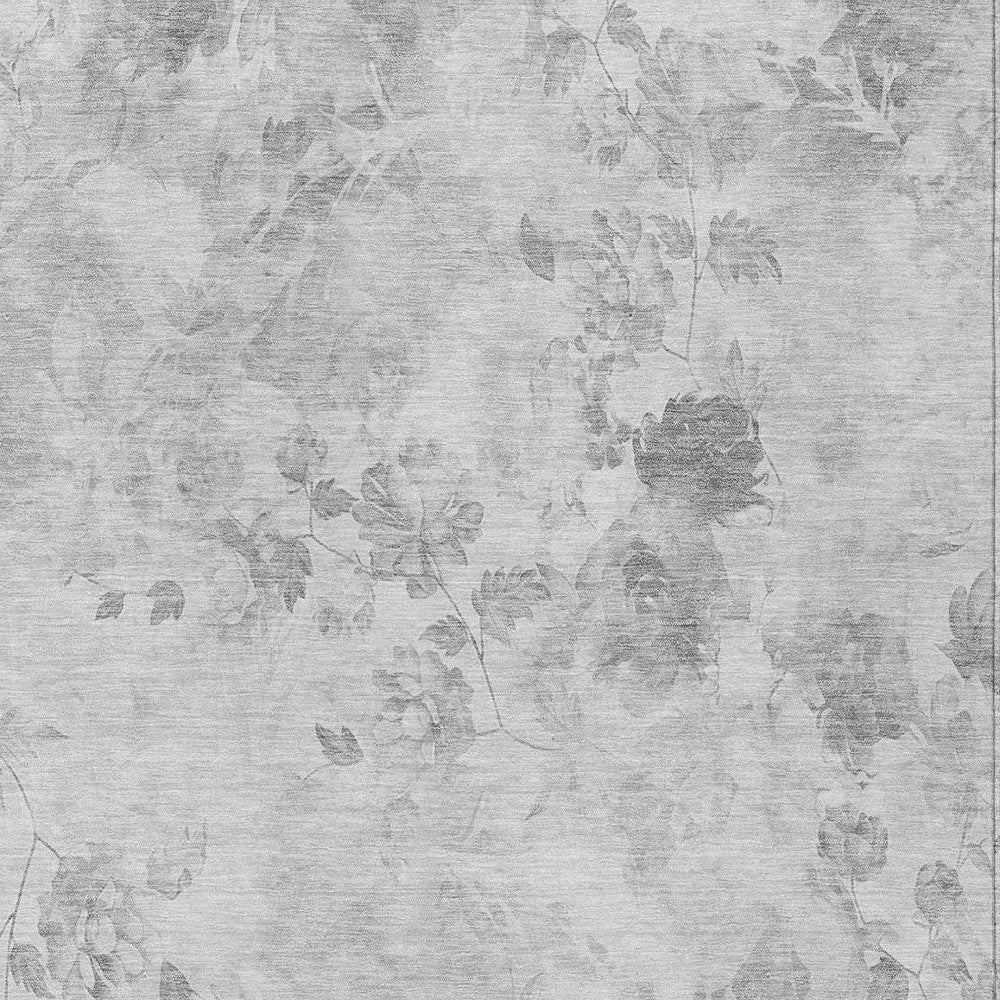 9' X 12' Gray Charcoal And Silver Floral Washable Indoor Outdoor Area Rug