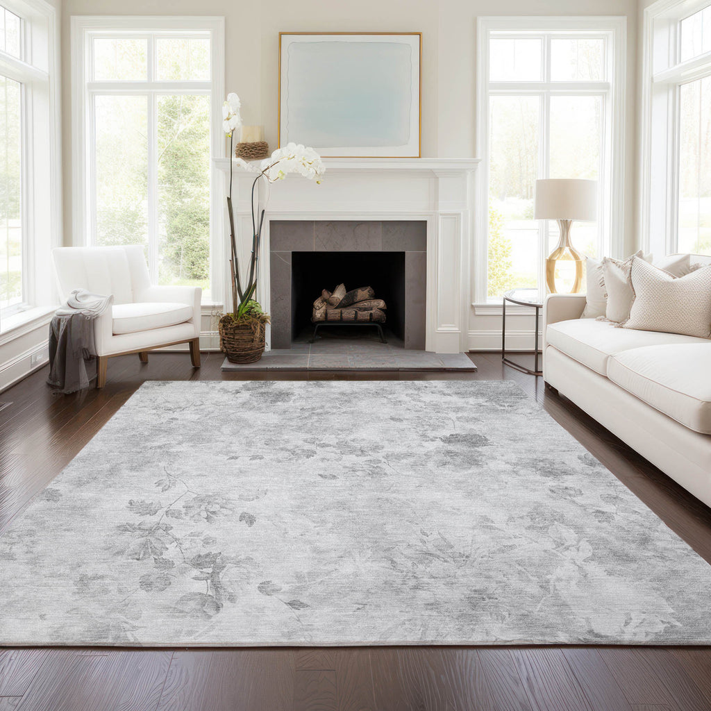 9' X 12' Gray Charcoal And Silver Floral Washable Indoor Outdoor Area Rug