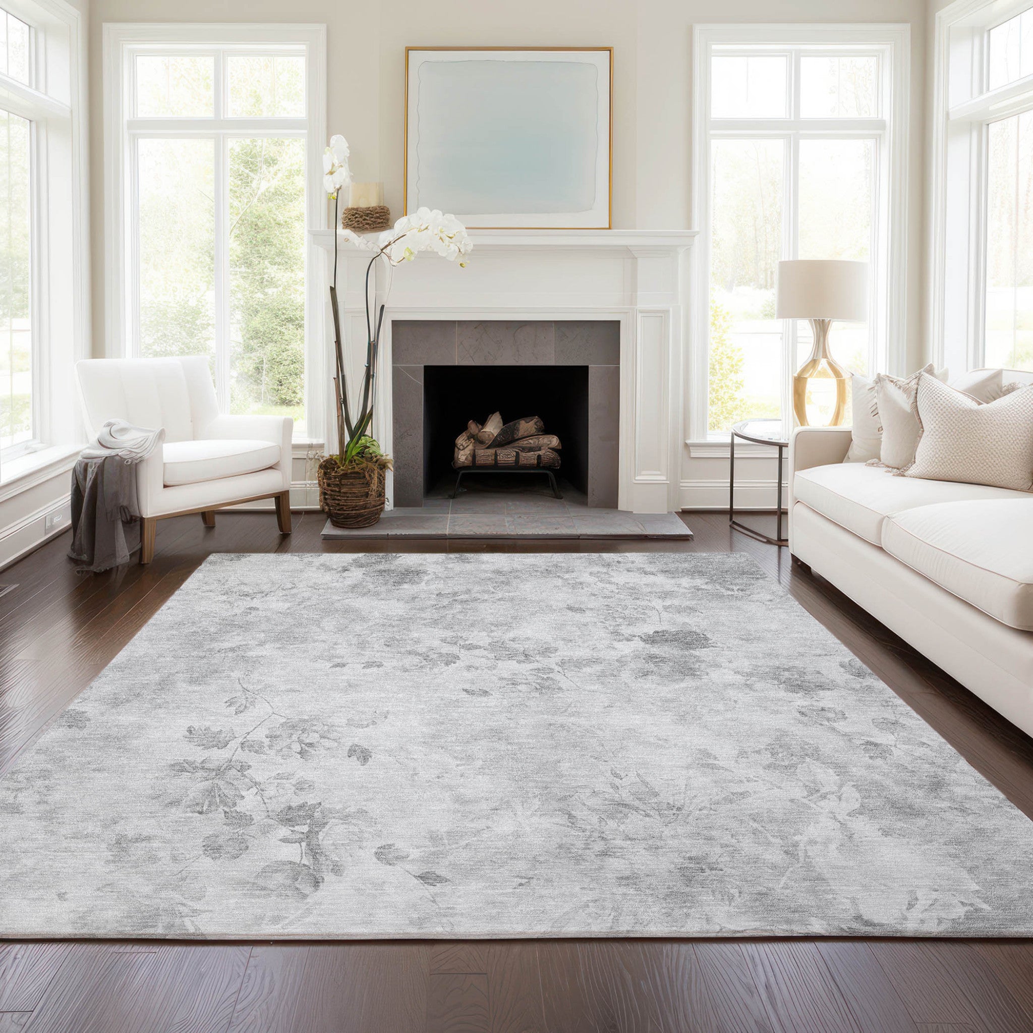9' X 12' Gray Charcoal And Silver Floral Washable Indoor Outdoor Area Rug