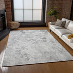 9' X 12' Gray Charcoal And Silver Floral Washable Indoor Outdoor Area Rug