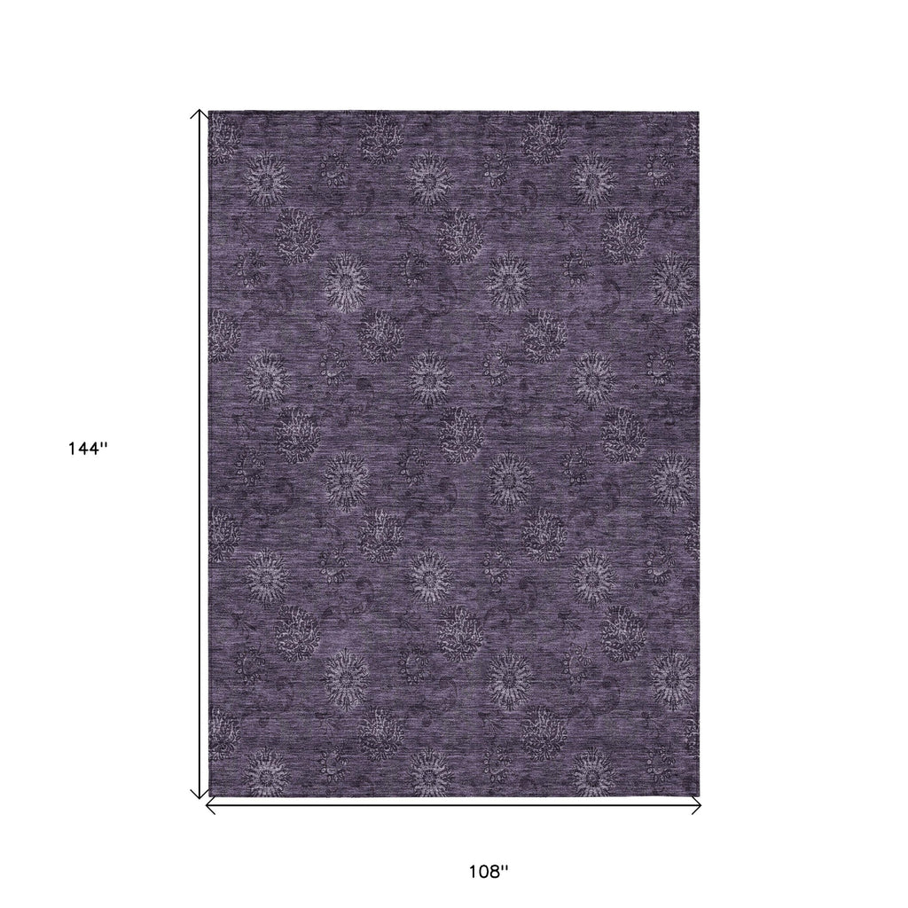 9' X 12' Eggplant And Purple Floral Washable Indoor Outdoor Area Rug