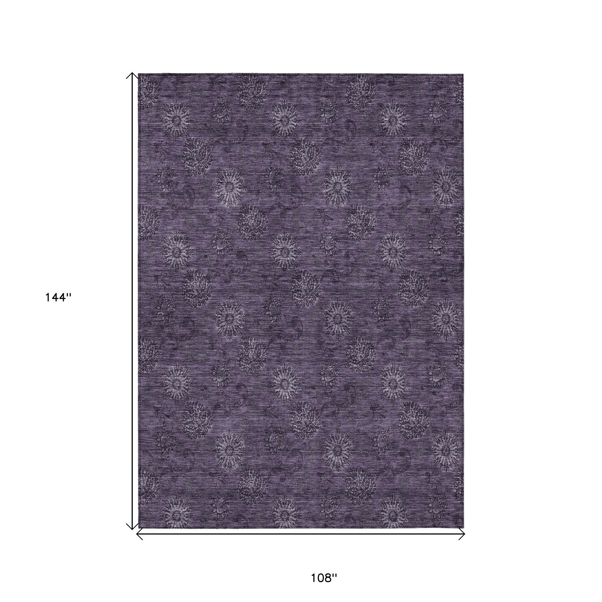 9' X 12' Eggplant And Purple Floral Washable Indoor Outdoor Area Rug