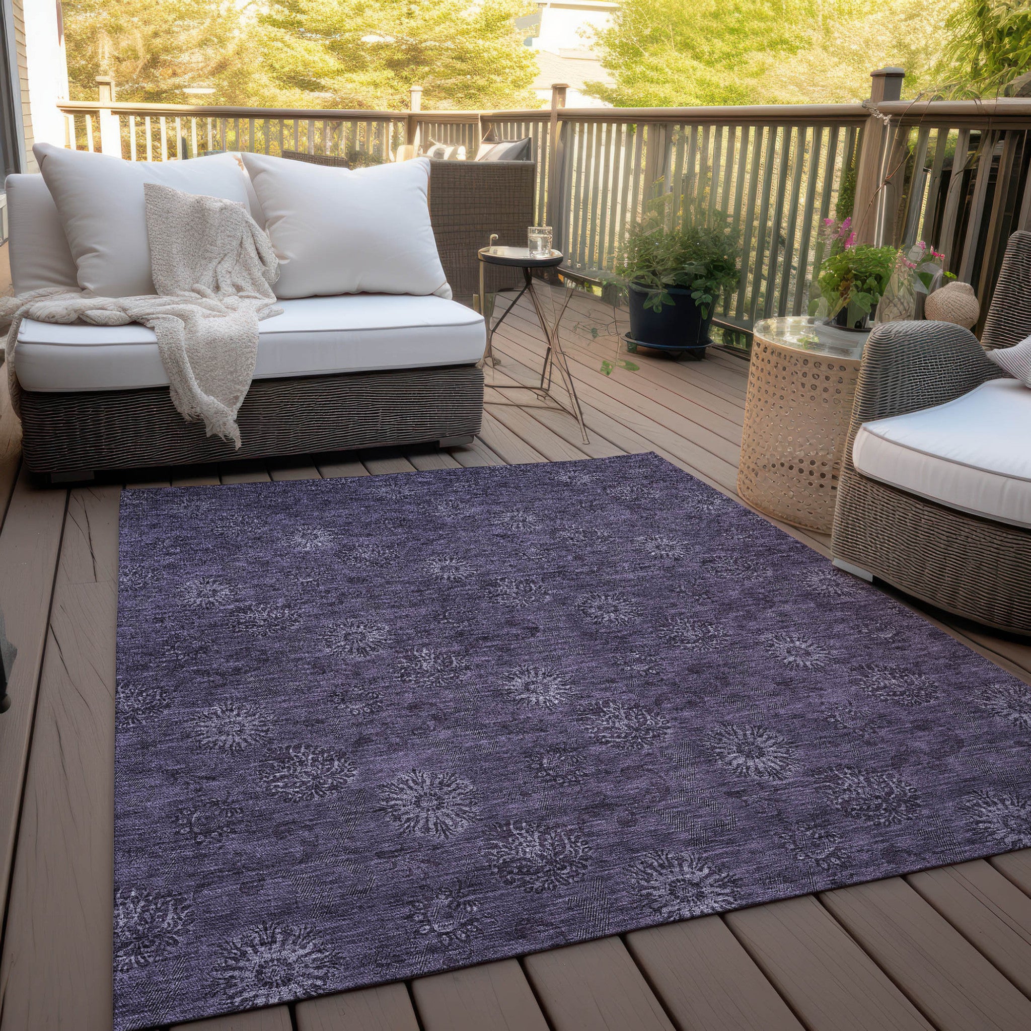 9' X 12' Eggplant And Purple Floral Washable Indoor Outdoor Area Rug