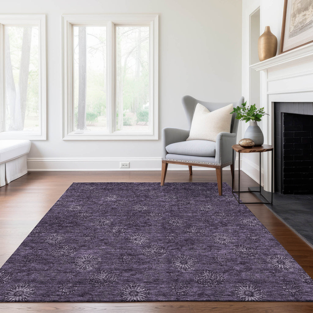 9' X 12' Eggplant And Purple Floral Washable Indoor Outdoor Area Rug