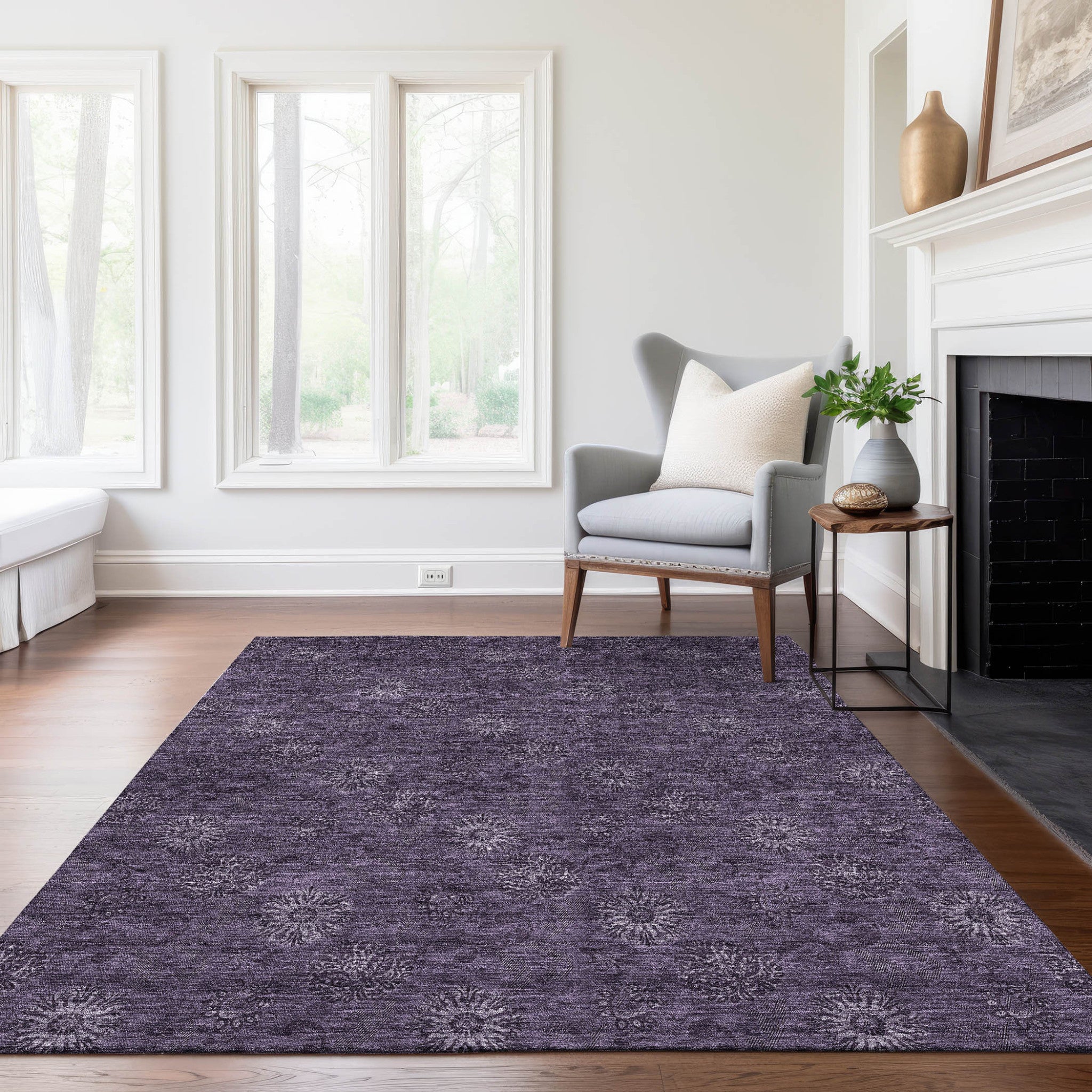 9' X 12' Eggplant And Purple Floral Washable Indoor Outdoor Area Rug
