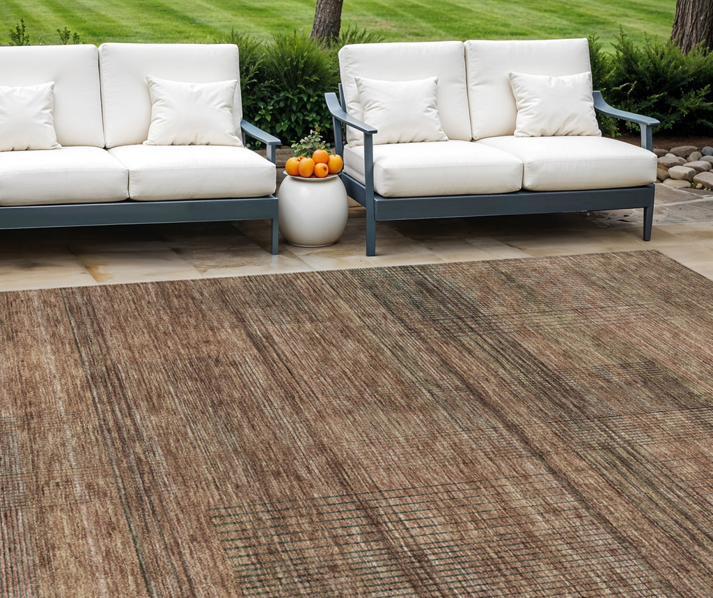 9' X 12' Orange Copper And Brown Striped Washable Indoor Outdoor Area Rug