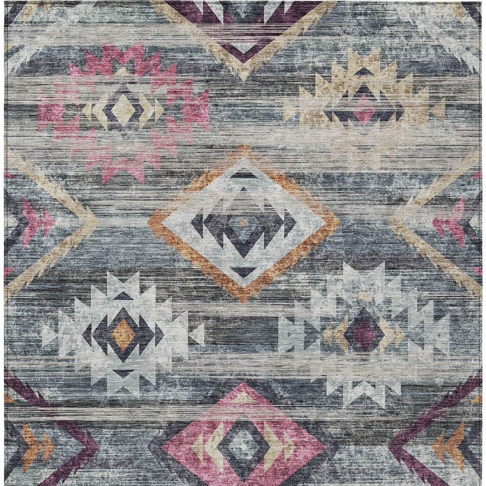8' X 10' Gray Charcoal And Silver Southwestern Washable Indoor Outdoor Area Rug