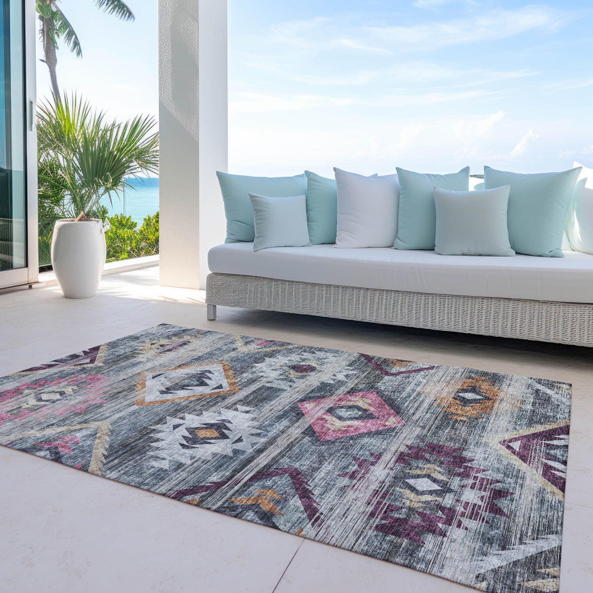 8' X 10' Gray Charcoal And Silver Southwestern Washable Indoor Outdoor Area Rug