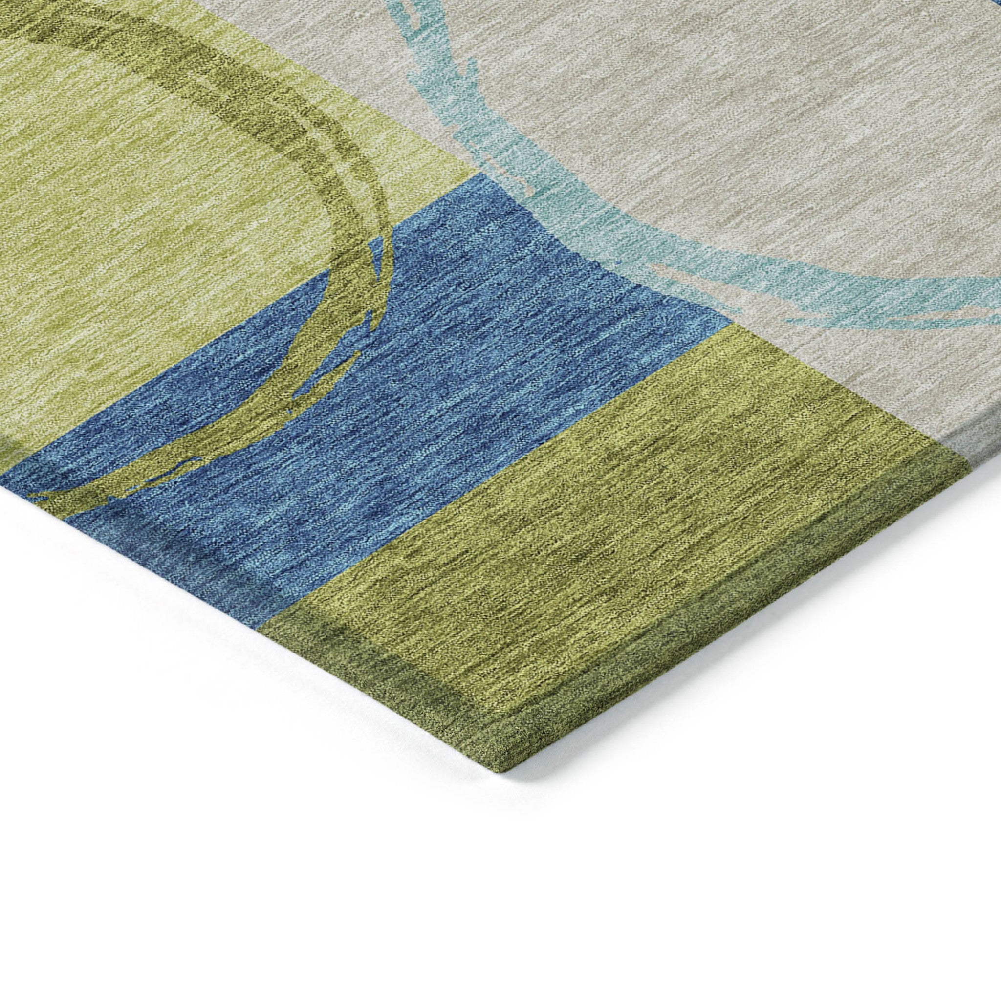 5' X 8' Denim Blue And Lime Green Geometric Washable Indoor Outdoor Area Rug-3