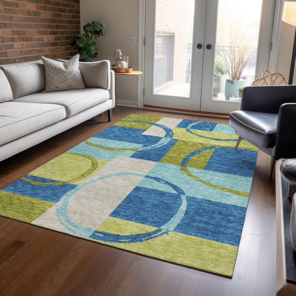 5' X 8' Denim Blue And Lime Green Geometric Washable Indoor Outdoor Area Rug-7