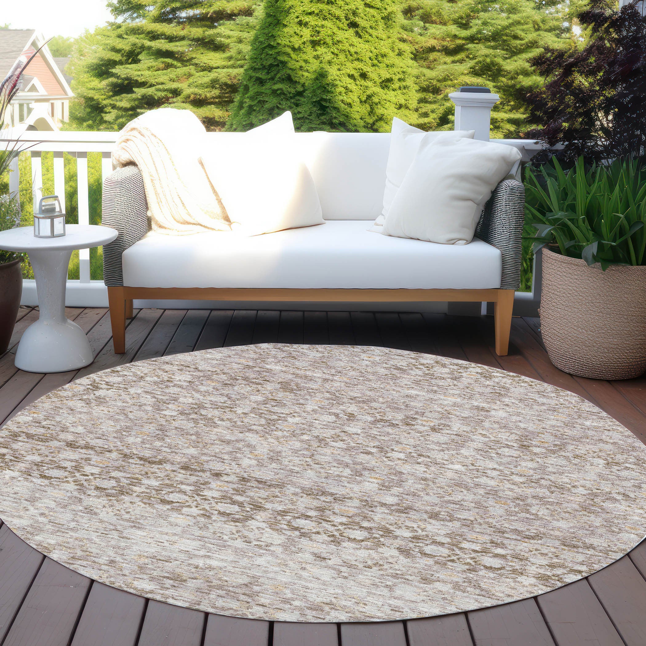 8' Taupe And Beige Round Striped Washable Indoor Outdoor Area Rug