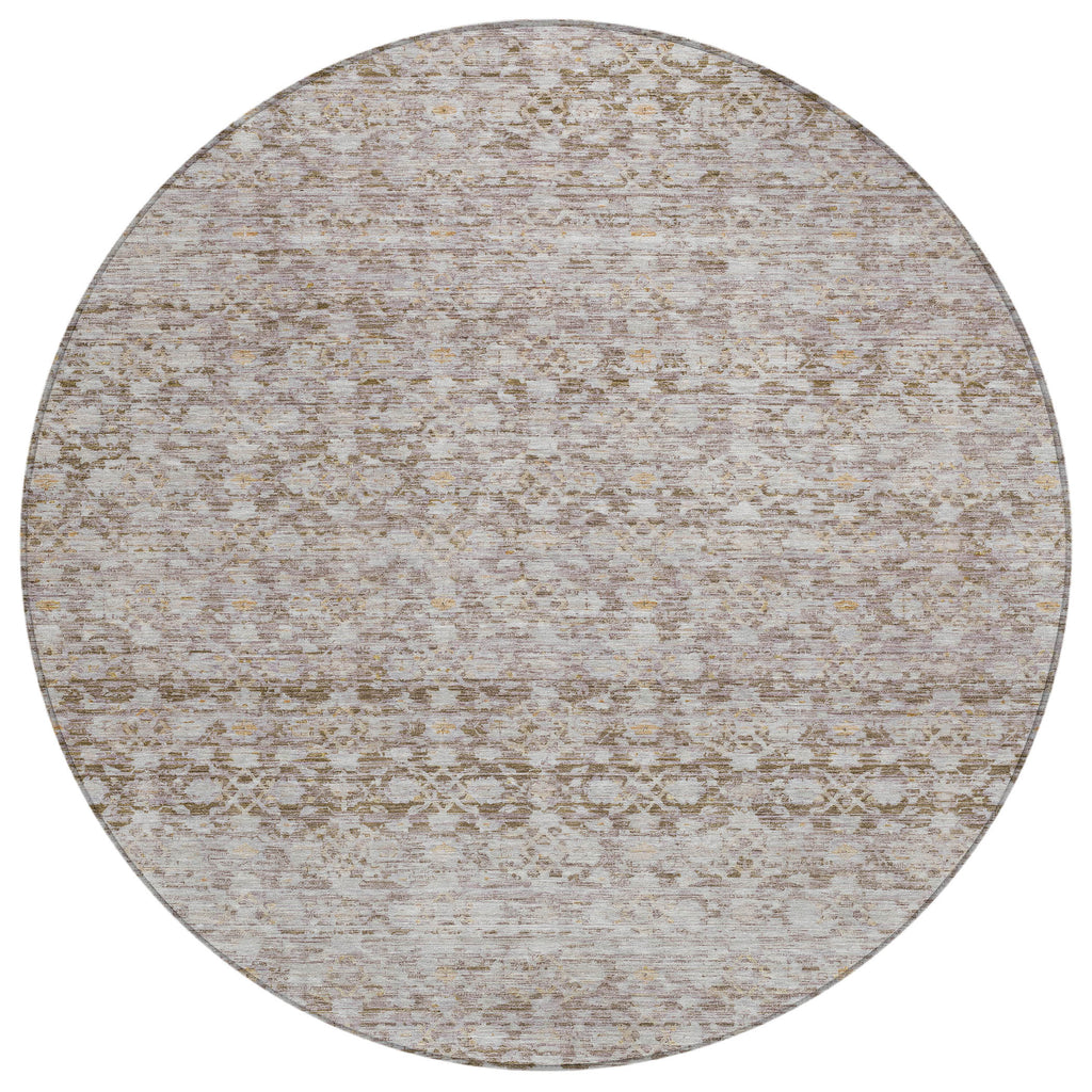 8' Taupe And Beige Round Striped Washable Indoor Outdoor Area Rug