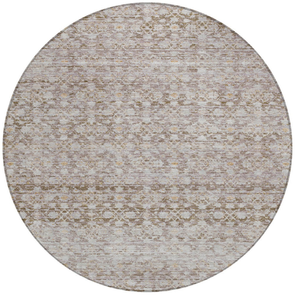 8' Taupe And Beige Round Striped Washable Indoor Outdoor Area Rug