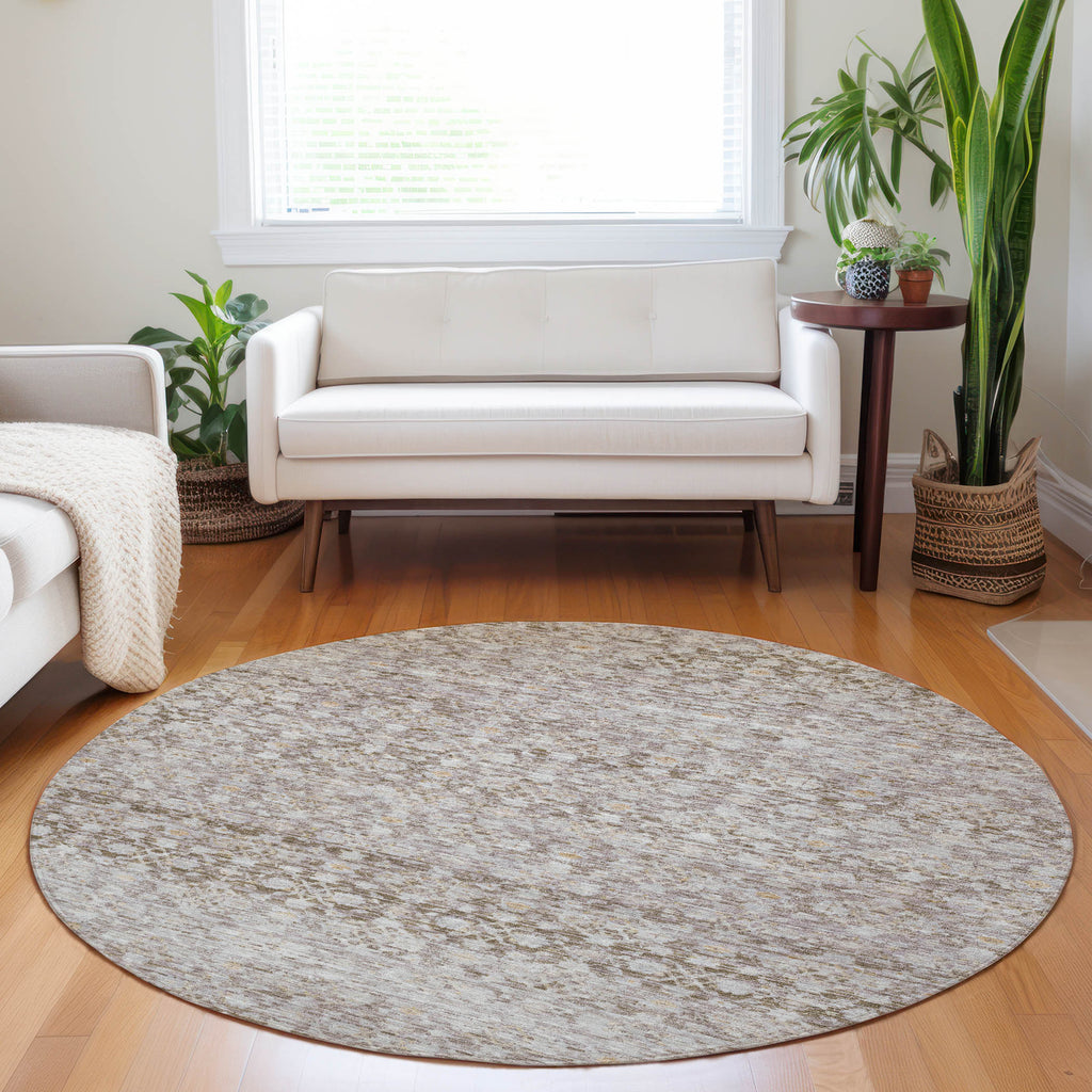 8' Taupe And Beige Round Striped Washable Indoor Outdoor Area Rug