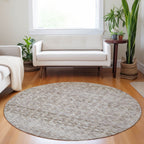 8' Taupe And Beige Round Striped Washable Indoor Outdoor Area Rug