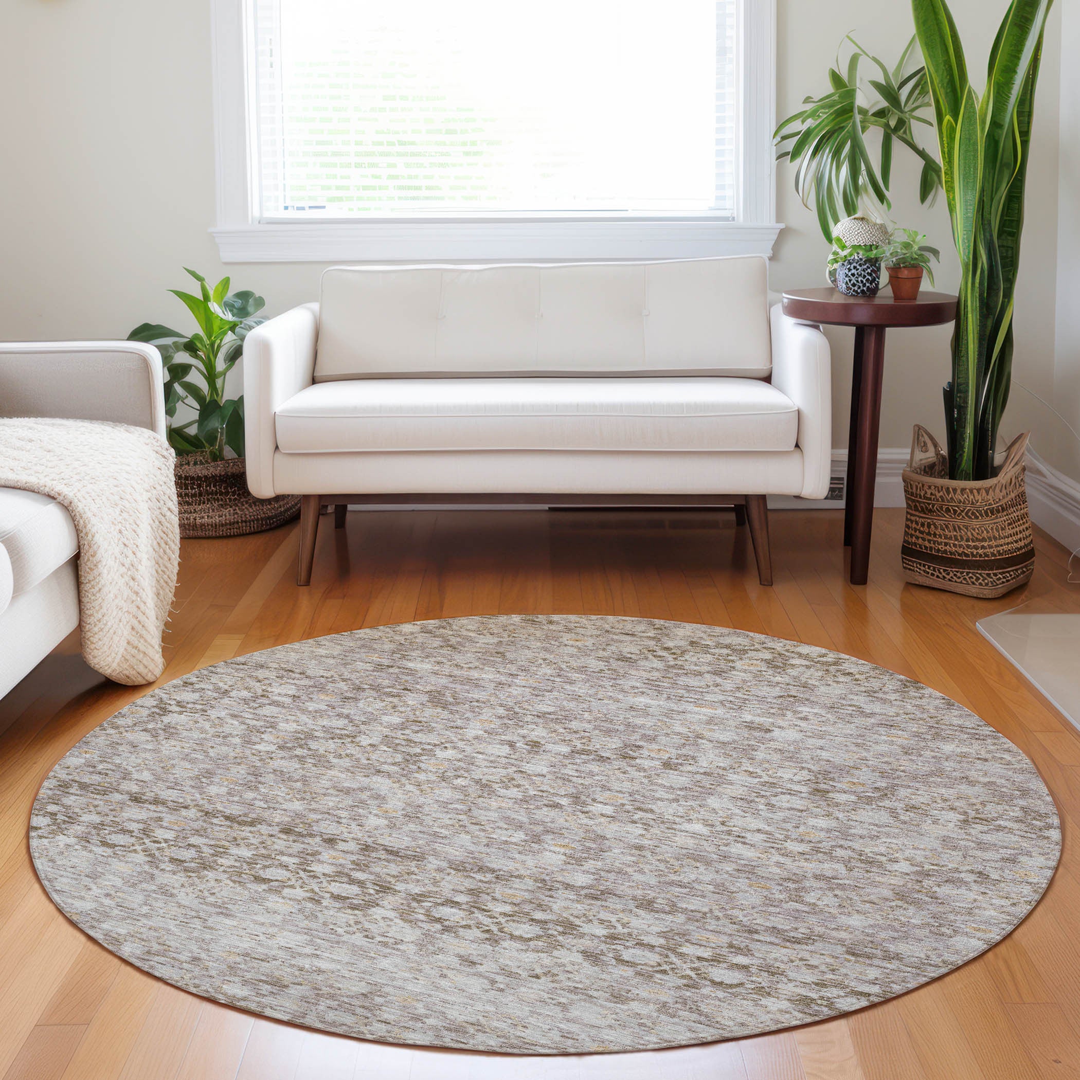 8' Taupe And Beige Round Striped Washable Indoor Outdoor Area Rug