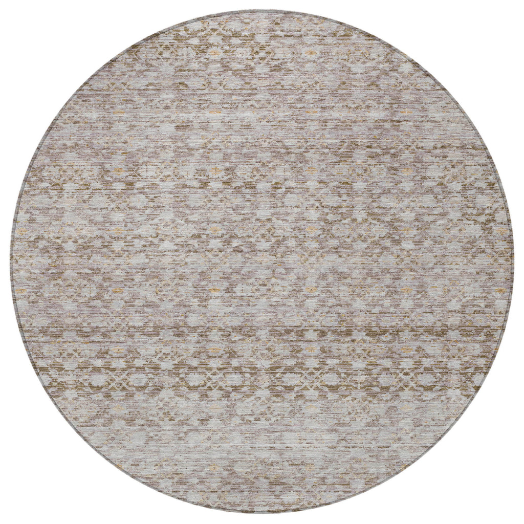 8' Taupe And Beige Round Striped Washable Indoor Outdoor Area Rug
