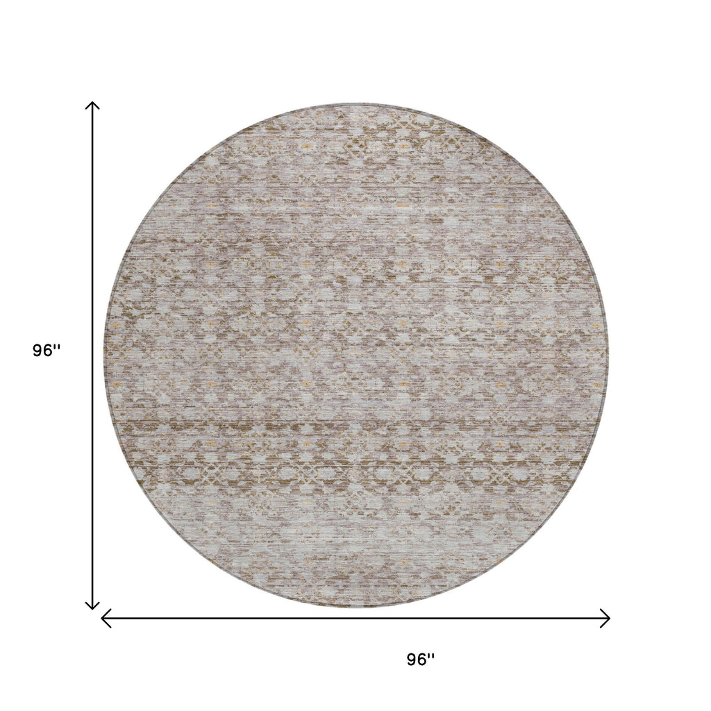 8' Taupe And Beige Round Striped Washable Indoor Outdoor Area Rug