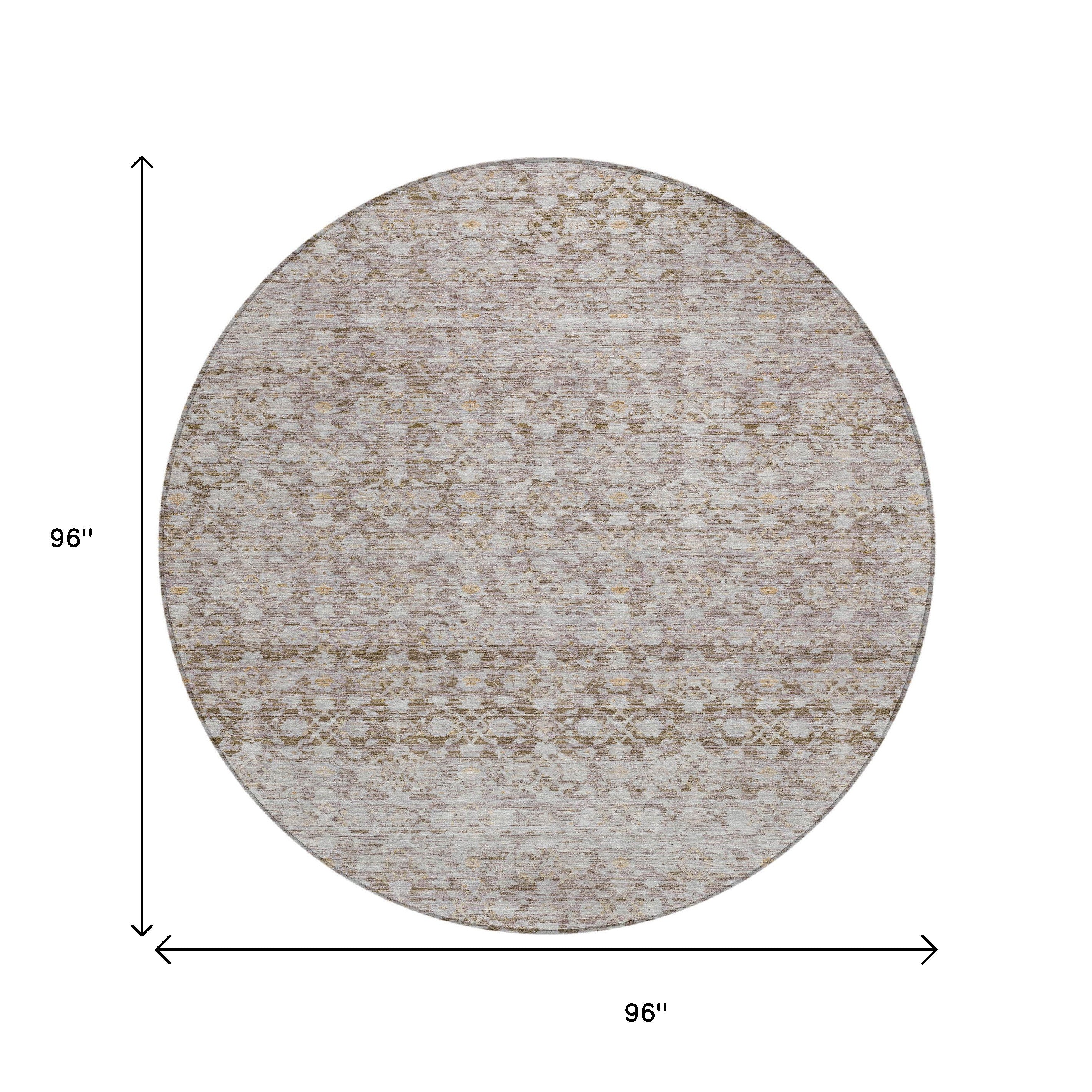 8' Taupe And Beige Round Striped Washable Indoor Outdoor Area Rug