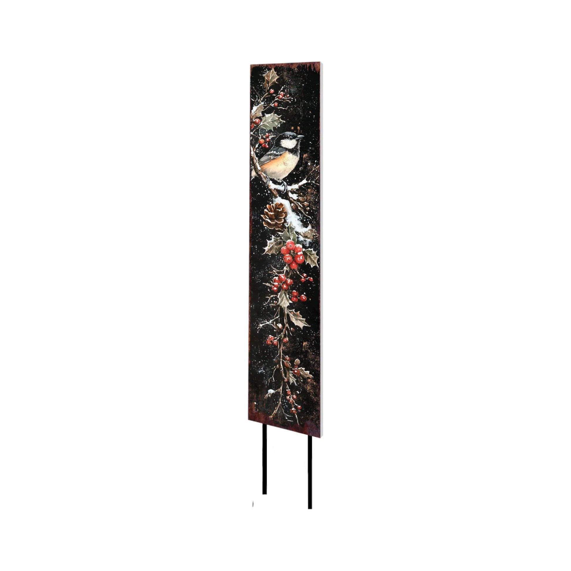 42" Black Red And Green Christmas Chickadee Solid Wood Birds Garden Stake-2