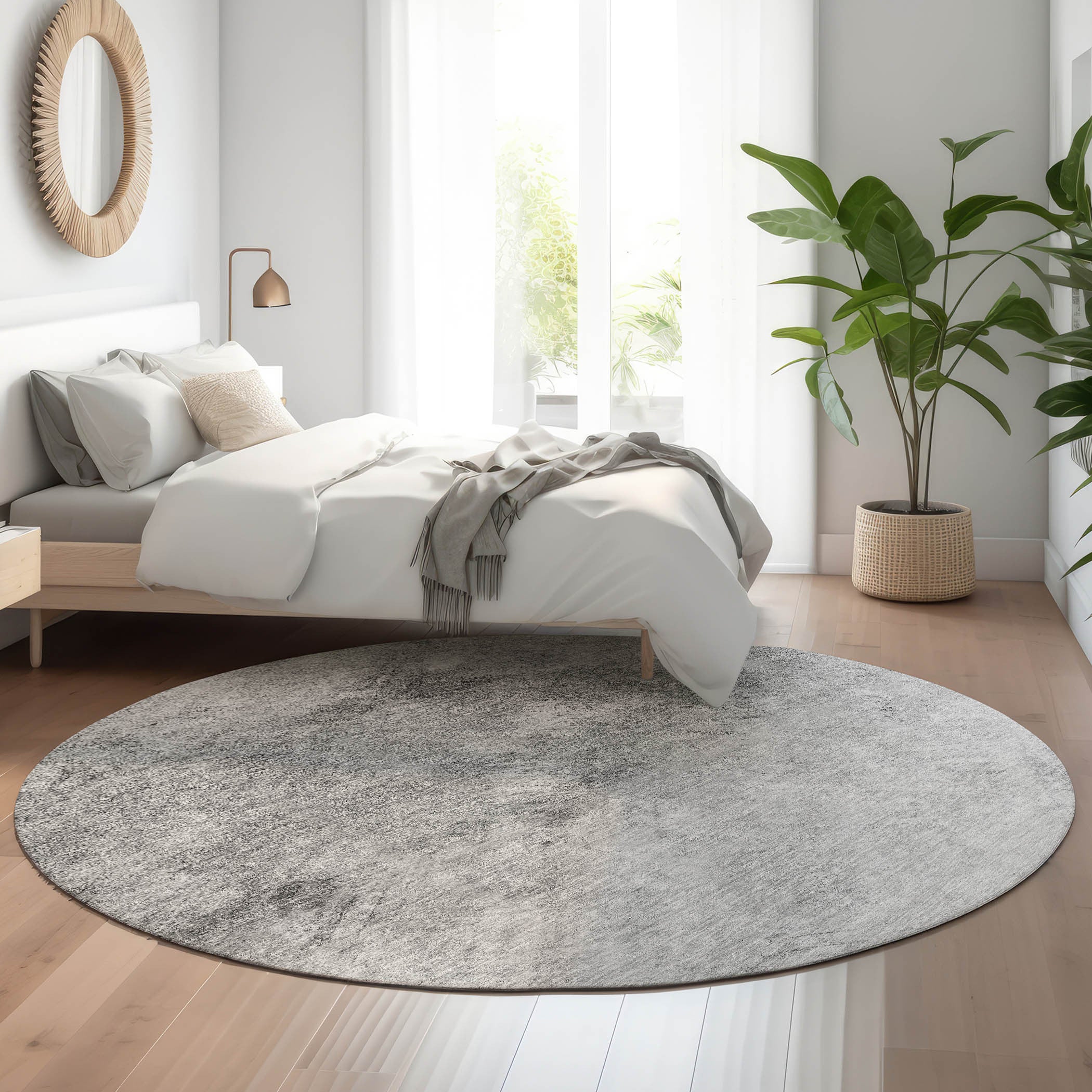 8' Silver And Gray Abstract Washable Round Rug With UV Protection