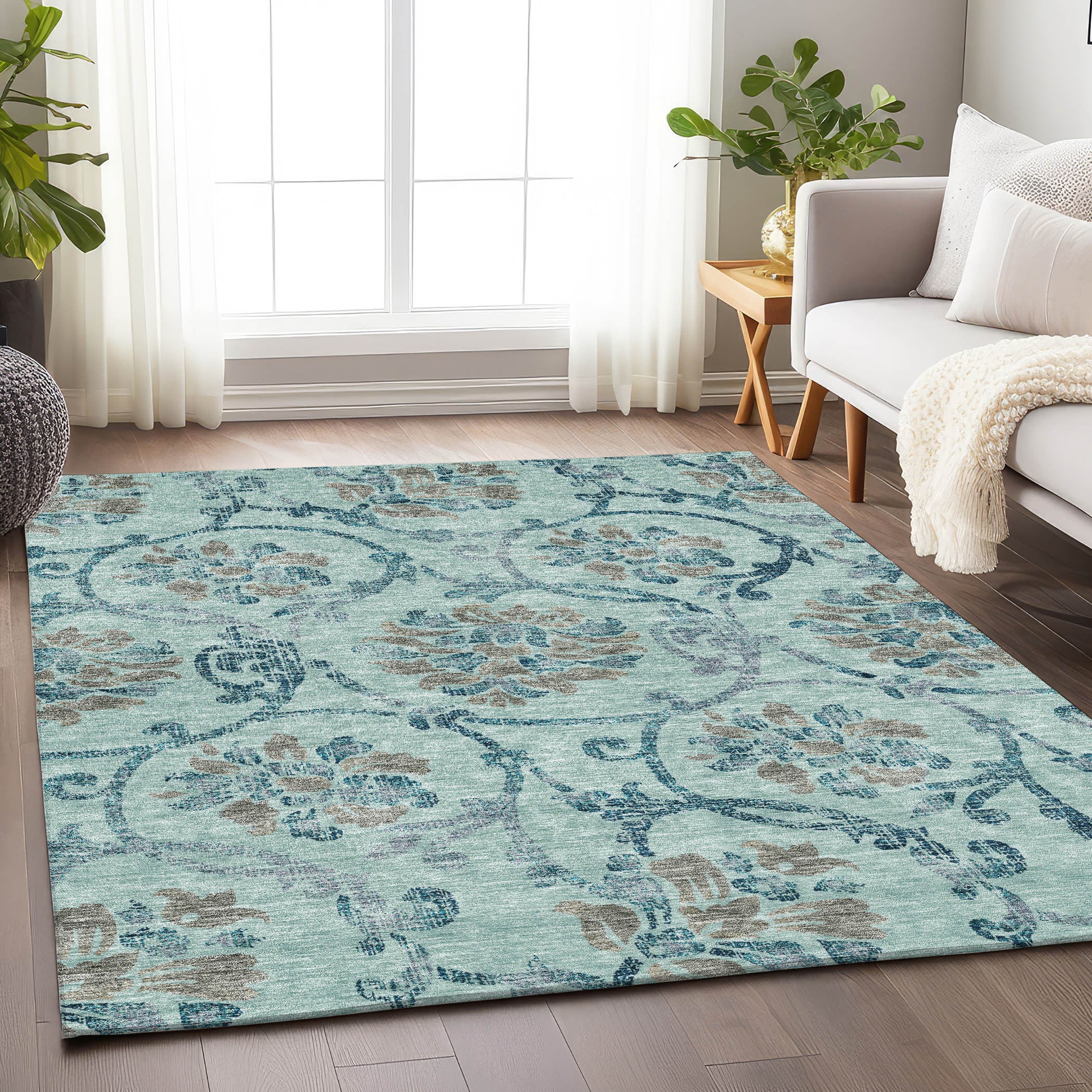 8' X 10' Teal And Gray Floral Washable Area Rug With UV Protection