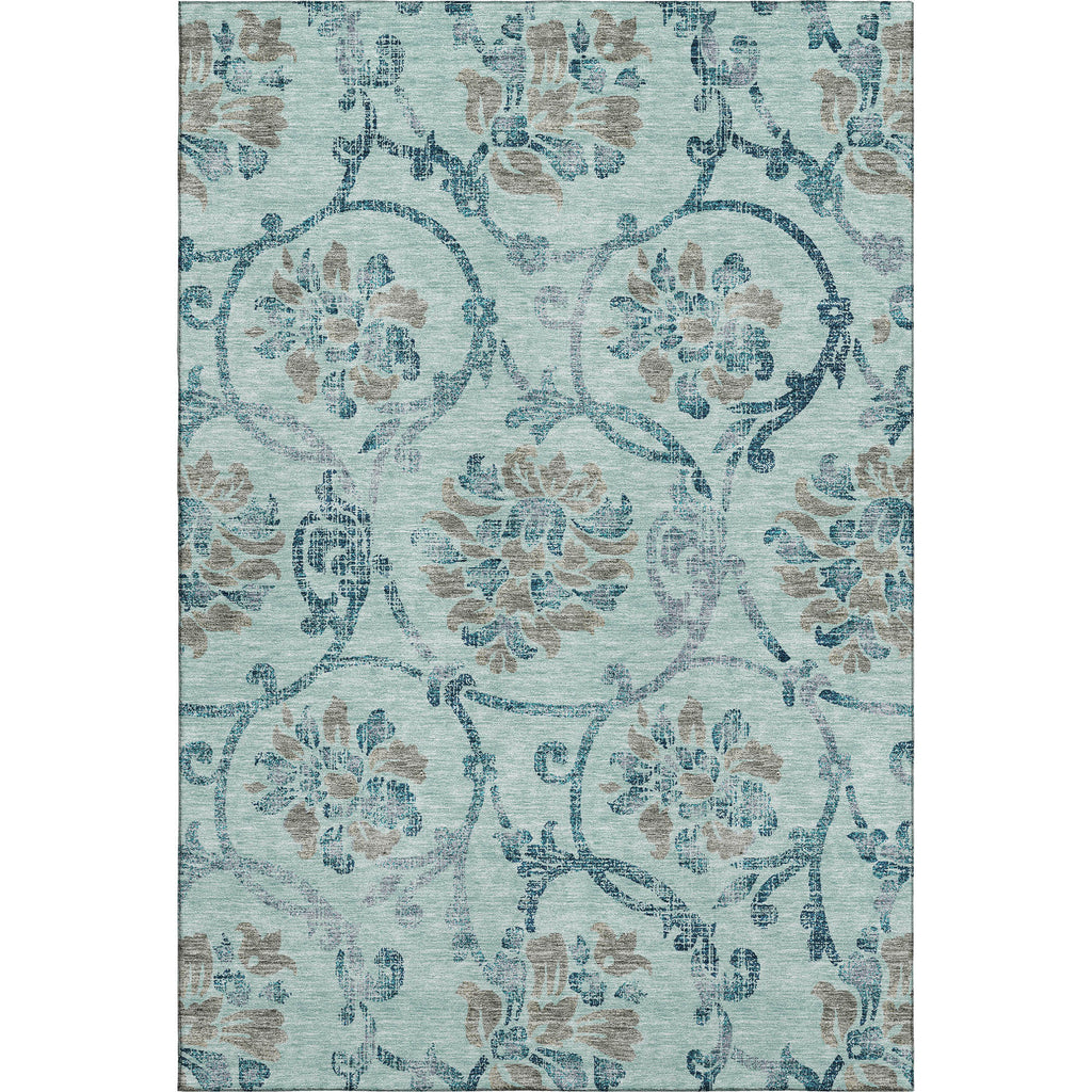 8' X 10' Teal And Gray Floral Washable Area Rug With UV Protection