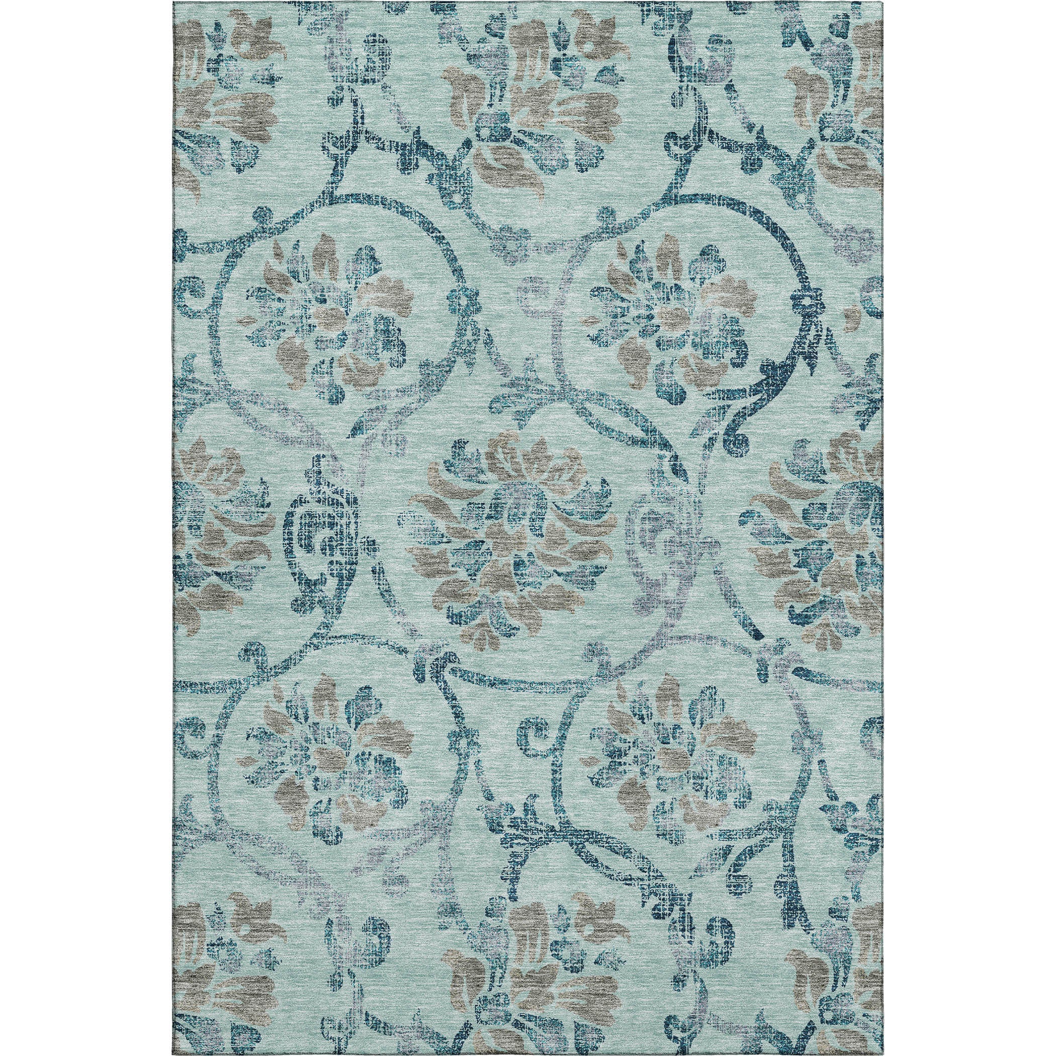 8' X 10' Teal And Gray Floral Washable Area Rug With UV Protection