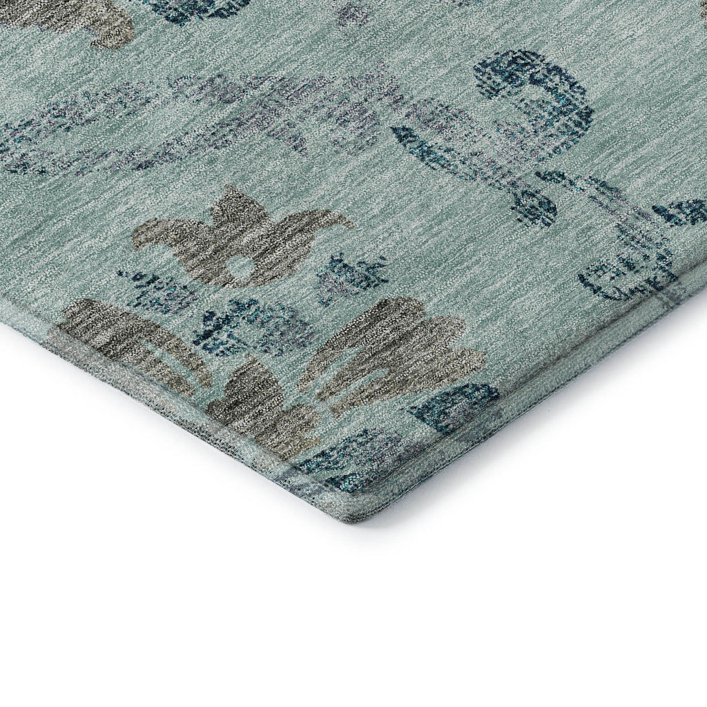 8' X 10' Teal And Gray Floral Washable Area Rug With UV Protection