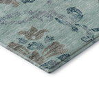 8' X 10' Teal And Gray Floral Washable Area Rug With UV Protection