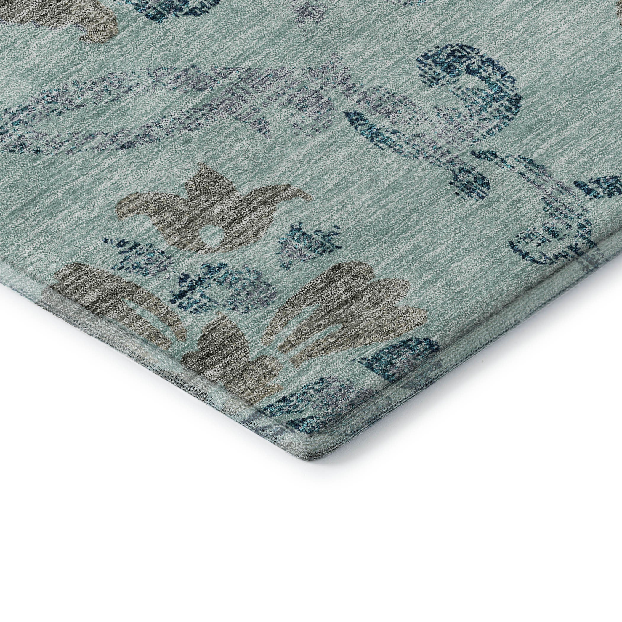 8' X 10' Teal And Gray Floral Washable Area Rug With UV Protection